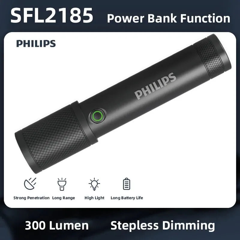 Philips LED Rechargeable Flashlight - 300 Lumen with 4 Modes & Self-Defense Feature
