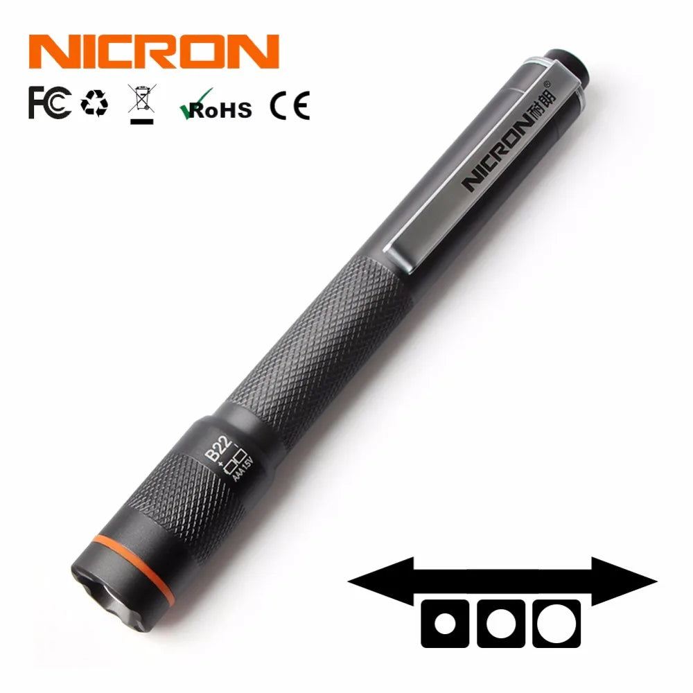 NICRON B22W Pen Flashlight - 120 Lumen High CRI Color Match LED Torch with Zoom