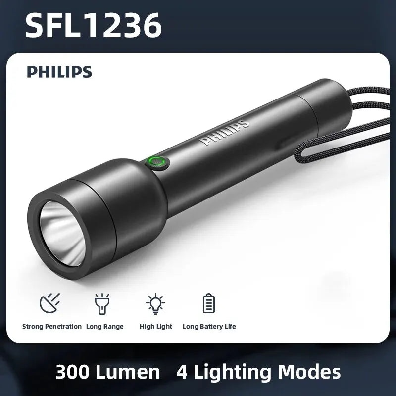 Philips LED Rechargeable Flashlight - 300 Lumen with 4 Modes & Self-Defense Feature