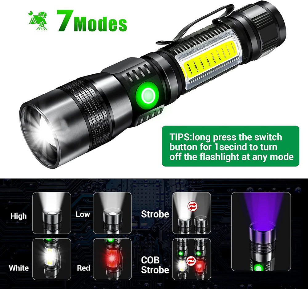 3-in-1 LED Flashlight - 1200 Lumen Rechargeable Tactical Torch with UV & COB Sidelight