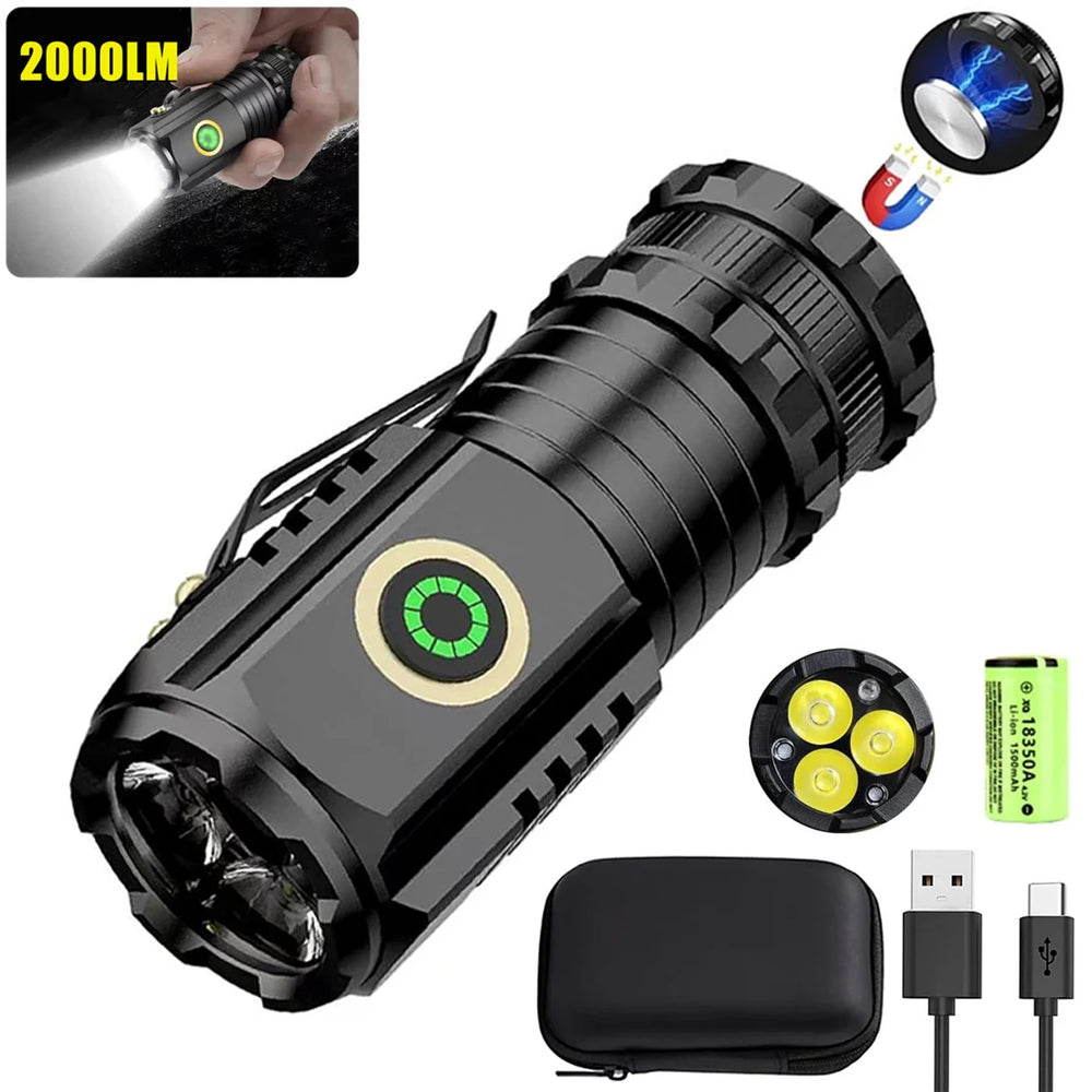 Rechargeable LED Flashlight - Waterproof Aluminum Pocket Torch with Magnetic Base