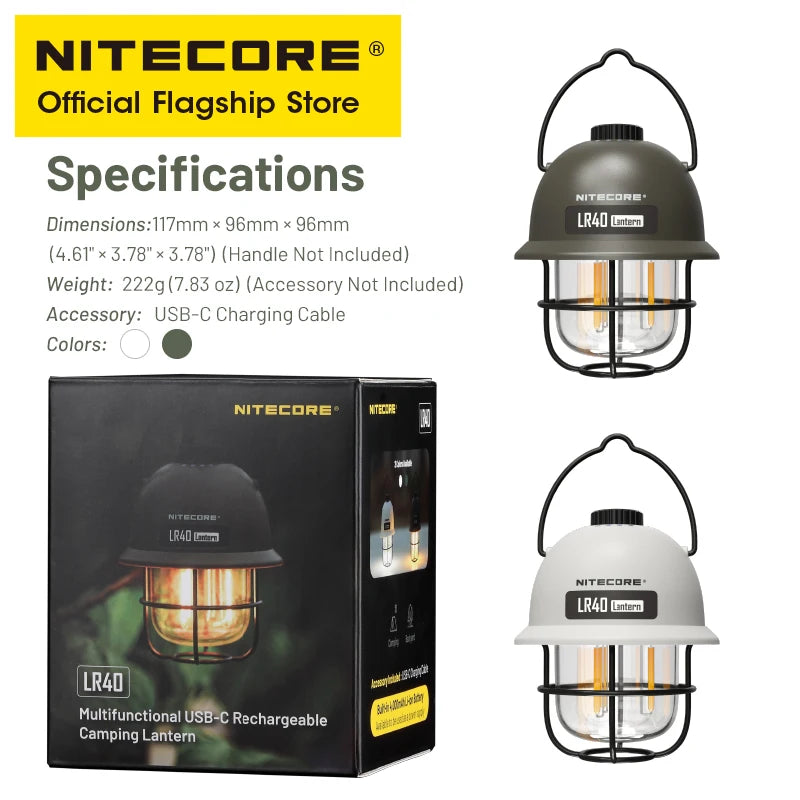 NITECORE LR40 Rechargeable Camping Lantern - 100 Lumen LED Light with Power Bank Function