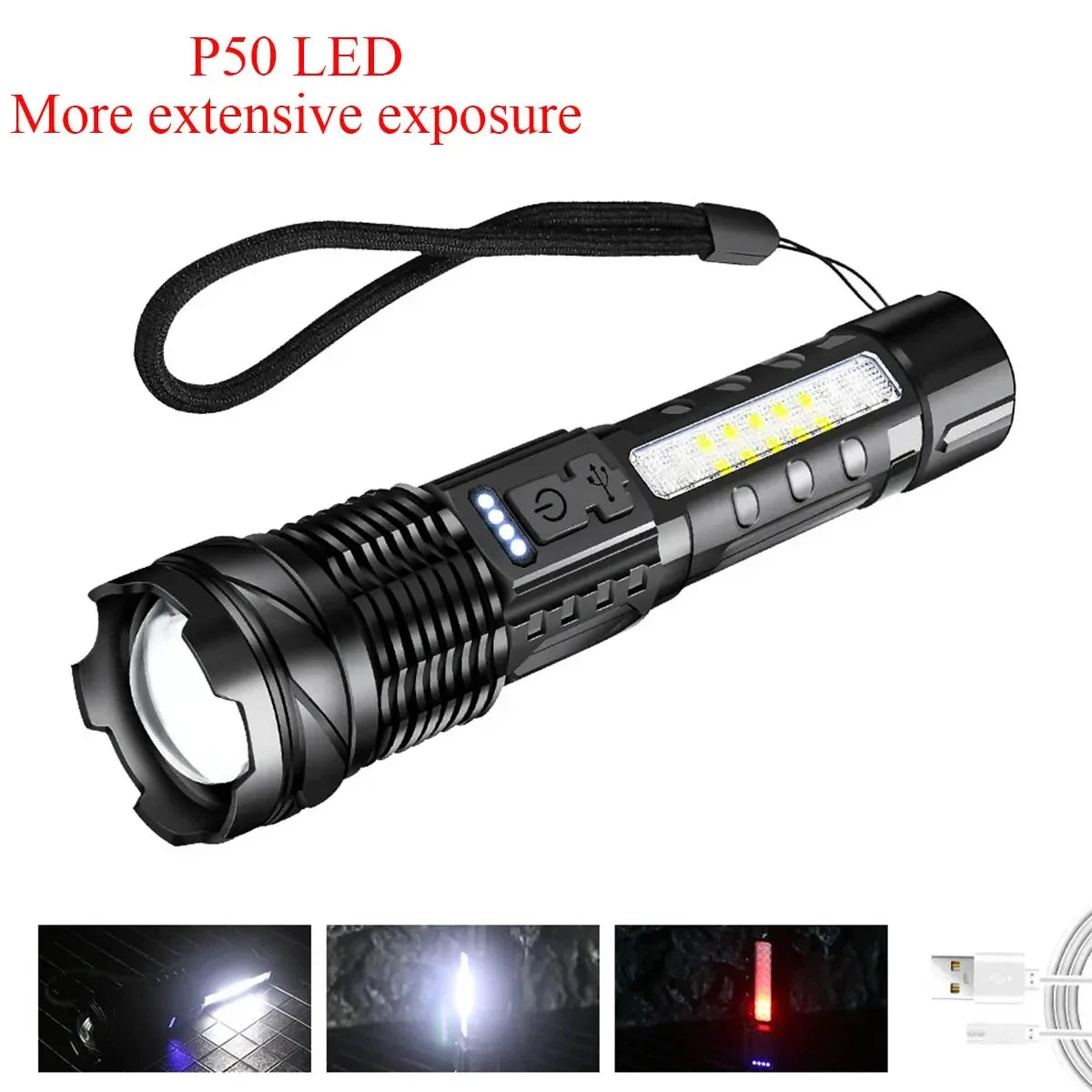 30W P50 COB LED Flashlight - Rechargeable High-Power Torch with Power Display