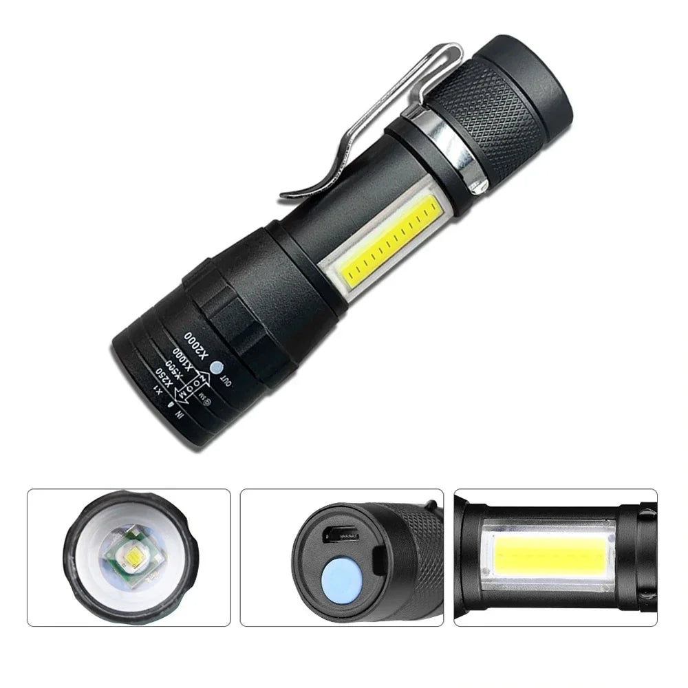KDULIT USB Rechargeable Mini Flashlight - 300 Lumen COB+XPE LED Torch with Zoom