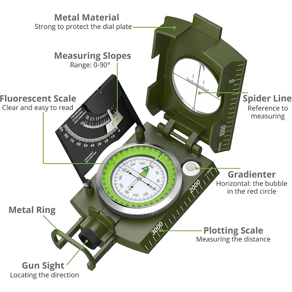 Military Grade Survival Compass - Waterproof Metal with Fluorescent Display